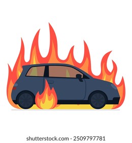 Burning car isolated on white background, car insurance and emergency service concept