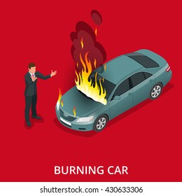 Burning car on the road. Fire suddenly started engulfing the car.  Flat 3d vector isometric illustration. 