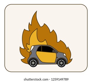 Burning car - Protest yellow jackets Paris vector set illustration. Yellow vests antigovernment movement protest in France. Protest against rise gas priсe concept art.