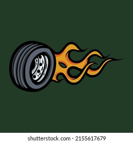 Burning car tire cartoon vector illustration