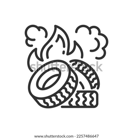 Burning car tires, pollution, linear icon. Line with editable stroke