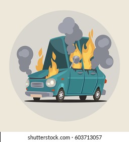 Burning car. Transportation accident. Vector flat cartoon illustration