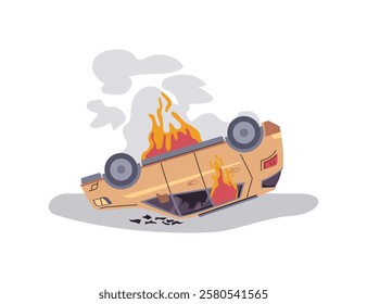 Burning car turned upside down. Vector isolated traffic accident and damage to transport, flames and fire in auto. Vehicle damaged and crushed with broken window. Dangerous situation on road