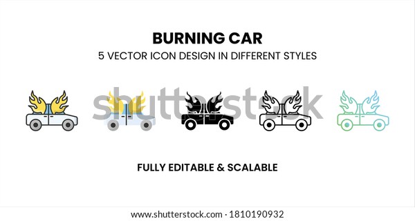 Burning Car vector icon in colored outline,\
flat, glyph, line and\
gradient