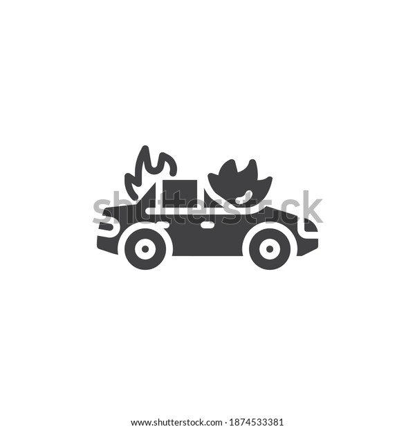 Burning car vector icon. filled flat sign for\
mobile concept and web design. Car on fire glyph icon. Symbol, logo\
illustration. Vector\
graphics