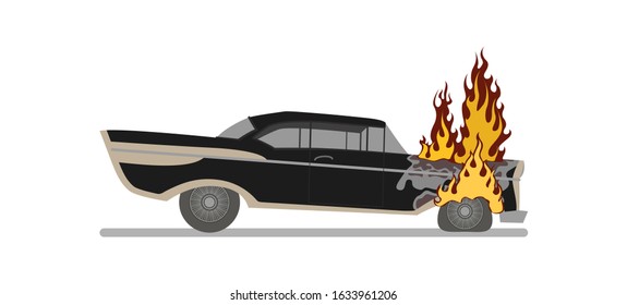 Burning car. Vector illustration. Isolated on a white background.