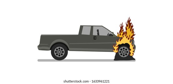 Burning car. Vector illustration. Isolated on a white background.