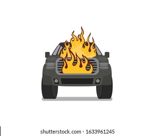 Burning car. Vector illustration. Isolated on a white background.