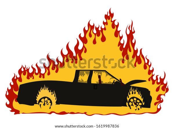 Burning car. Vector illustration isolated on\
a white background.