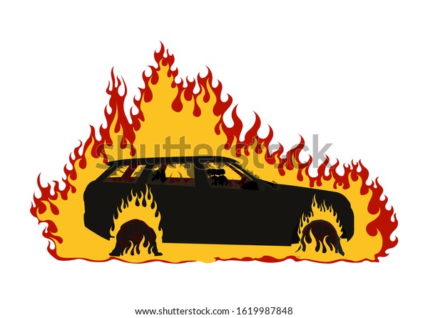 Burning car. Vector illustration isolated on\
a white background.