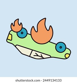 Burning car vector isolated icon. Auto accident, inverted car with fire. Demonstration, protest, strike, revolution, automobile crash