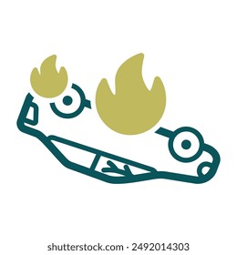 Burning car vector isolated icon. Auto accident, inverted car with fire. Demonstration, protest, strike, revolution, automobile crash