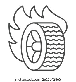 Burning car wheel thin line icon, tires fitting concept. Vector graphics. Tire on fire, rubber waste sign on white background, outline style icon for mobile or web design