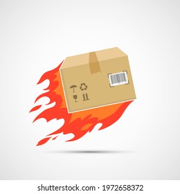 Burning cardboard box is flying. Icon isolated on white background. Vector illustration.