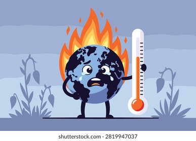 Burning cartoon earth crying and holding a thermometer, illustrating the devastating effects of global warming.