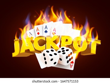 Burning Casino Poker Cards and dices. Online casino and flaming gambling concept. Vector illustration