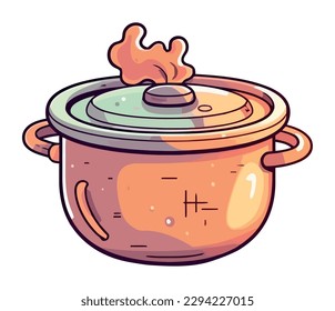 Burning cauldron boils gourmet soup on stove isolated