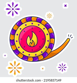 Burning Chakra Firecracker Over Fireworks Grey Background In Sticker Style.