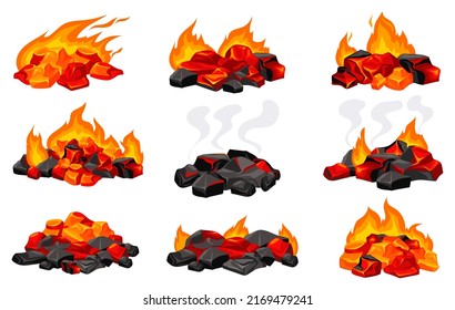 Burning charcoals. Cartoon coals, grill fire hot bbq glowing or burn heat wood coal, combustion bonfire barbecue, red glow flaming carbon energy, isolated neat vector illustration of fire coal cartoon