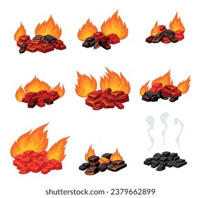 Burning charcoals coal with fire flame cartoon glowing fireplace smoke set isometric vector illustration. Flaming orange stones from grill oven carbon fiery effect bonfire hot energy blaze fossil fuel