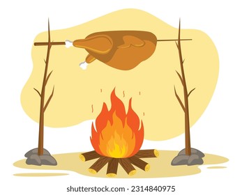 Burning chicken barbecue with bonfire in the garden smells really good. Outdoor camping adventure.Flat illustration
