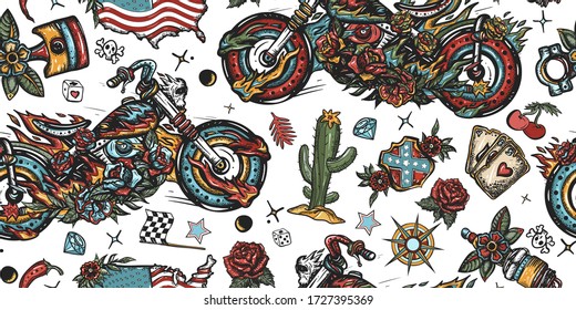 Burning chopper motorcycle, cactus, road, compass. Bikers seamless pattern. Rider sport art. Motor and spark plug. Lifestyle of racers background. Old school tattoo style 