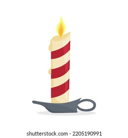 Burning Christmas candle with candlestick holder. Flat vector illustration.
