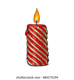 Burning Christmas candle, cartoon illustration isolated on white background. Xmas, advent red and gold colored candle with a flame, Christmas decoration element