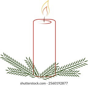 Burning Christmas candle decorated with fir tree branches. Colored vector illustration in outline style with transparent background.