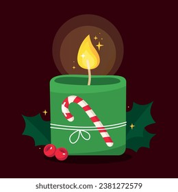 Burning christmas candle. Green candle with a christmas candy and holly leaves. New year. Vector illustration.