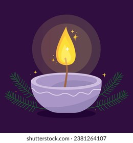 Burning Christmas candle. Purple round candle with fir branches. Aromatherapy and spa design. Vector illustration.