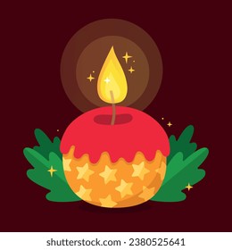 Burning christmas candle. Red and gold round candle. Fragrant candle, aromatherapy and spa decoration design.Vector illustration.