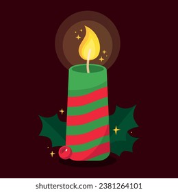 Burning Christmas candle. Red and green striped candle with holly leaves. New year. Vector illustration.