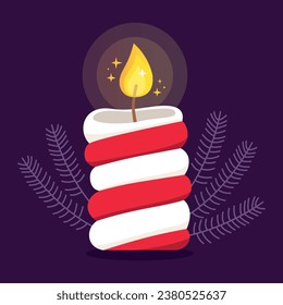 Burning christmas candle. Red and white striped holiday candle with frozen christmas tree branches. New year. Vector illustration for a holiday card.