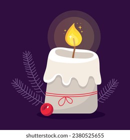Burning christmas candle. White holiday candle. Frozen fir branches and red berries. New year. Vector illustration.