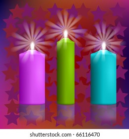 Burning Christmas Candles with reflections on stars background