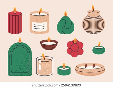 Burning Christmas candles. Scented decorative wax candles, xmas design aroma candles, aromatherapy and holidays interior decor flat vector illustration set. Hand drawn aromatic candles