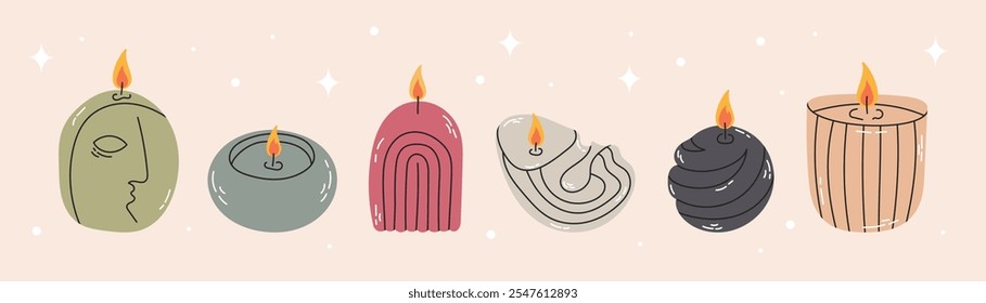 Burning Christmas candles. Scented decorative wax candles, xmas design aroma candles, aromatherapy and holidays interior decor flat vector illustration set. Hand drawn aromatic candles