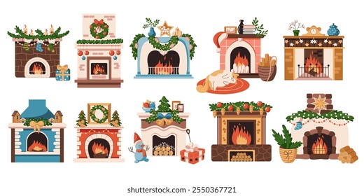 Burning Christmas fireplaces flat color vector objects set. Cozy winter holiday atmosphere at home illustrations bundle on white background