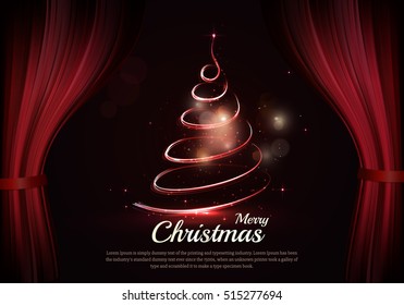 Ardiendo árboles de Navidad y texto entre bastidores. Escena de cortina roja oscura y elegante. Elegante fondo vectorial con espacio oscuro, brillo de luces y bokeh. Antecedentes clásicos de vacaciones para año nuevo