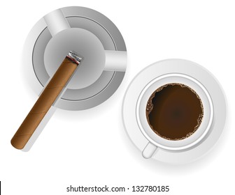 burning cigar in an ashtray and coffee vector illustration isolated on white background