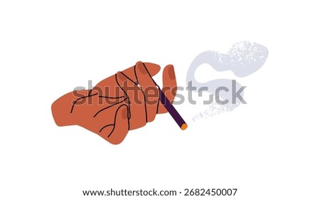 Burning cigarette with ash and cloud of fume in black human hand. African American smoker holds smoldering slim cigar. Person smokes butt of cig. Flat isolated vector illustration on white background