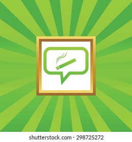 Burning cigarette in chat bubble, in golden frame, on green abstract background