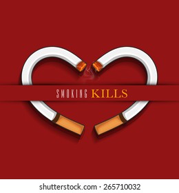 Burning cigarette in heart shape with text Smoking Kills on red background for No Smoking Day. 
