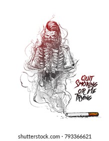 Burning cigarette as a hipster skull shaped design with deadly smoke symbolizing that Quit Smoking or Die Trying text. Vector Illustration isolated on White Background. 