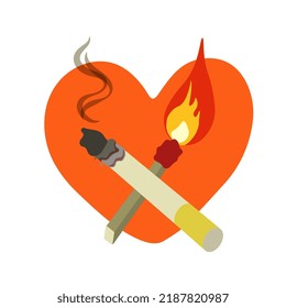 Burning cigarette with match on orange heart isolated on white background Vector illustration in flat simple style Icon for logo, sign, craft, design