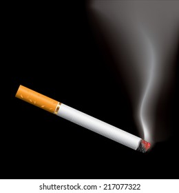 Burning cigarette on black background. Vector illustration