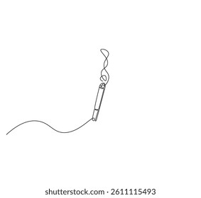 Burning cigarette outline drawing illustration. Continuous line draw of smoking cigarette vector.
