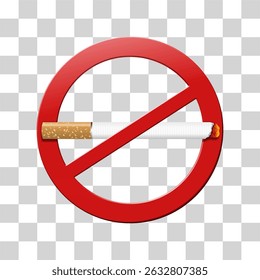 Burning a cigarette in the red circle sign no smoking. realistic vector illustration