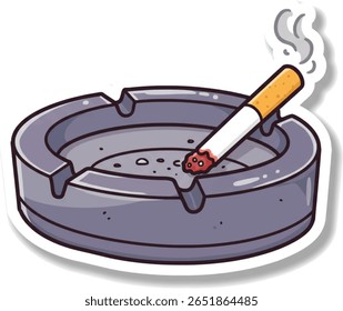 Um cigarro em chamas repousa em um cinzeiro, fumaça saindo da ponta acesa.